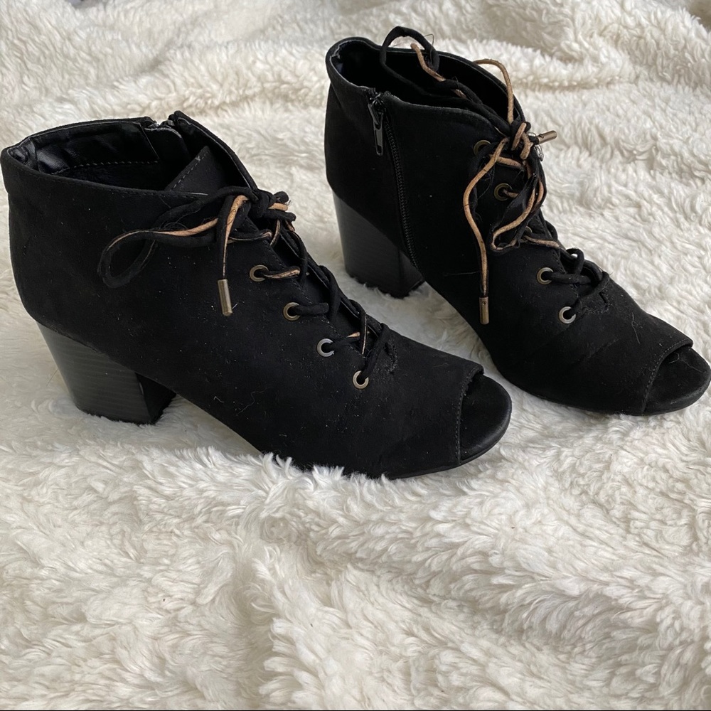 Bamboo Black Suede Lace Up Peep Toe Bootie - Picture 2 of 10